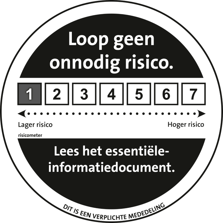 Dit is een verplichte mededeling. 'Loop geen onnodig risico. Lees het Essentiële-informatiedocument. Hierin staat dat het risico van dit product zeer klein is, namelijk 1 op een schaal van 7.'