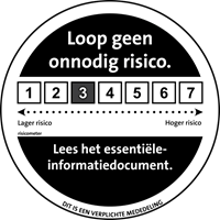 Dit is een verplichte mededeling. 'Loop geen onnodig risico. Lees het Essentiële-informatiedocument. Hierin staat dat het risico van dit product vrij klein is, namelijk 3 op een schaal van 7.'
