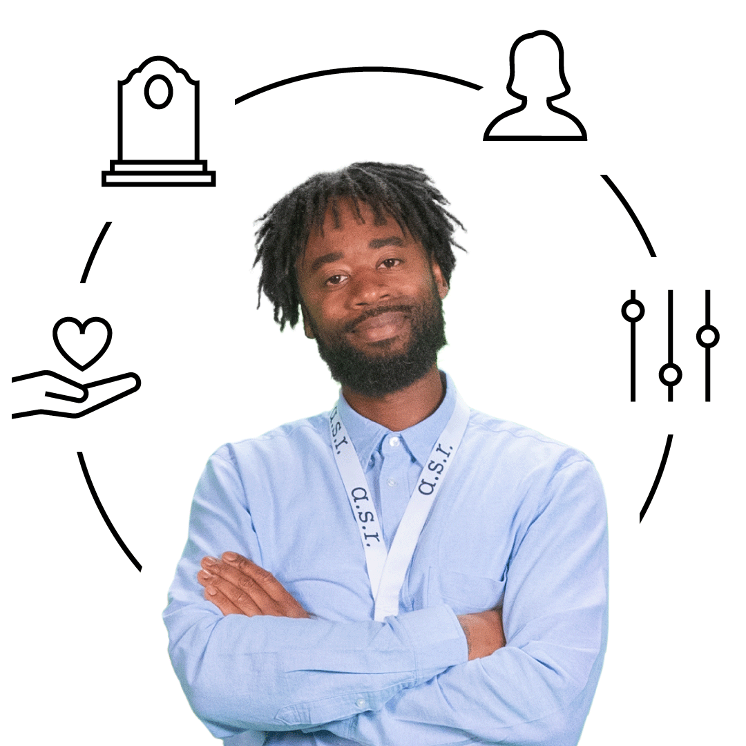 Afbeelding van een man met iconen van uitvaart om zich heen