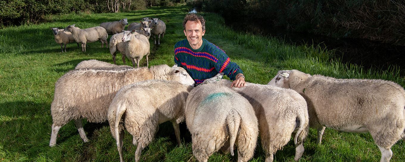 max in het veld met schapen
