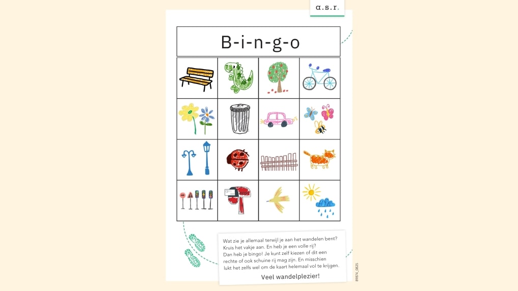 Wandelbingo voor kids. wat zie je allemaal terwijl je aan het wandelen bent. kruis het vakje aan. heb je een volle rij? dan heb je bingo