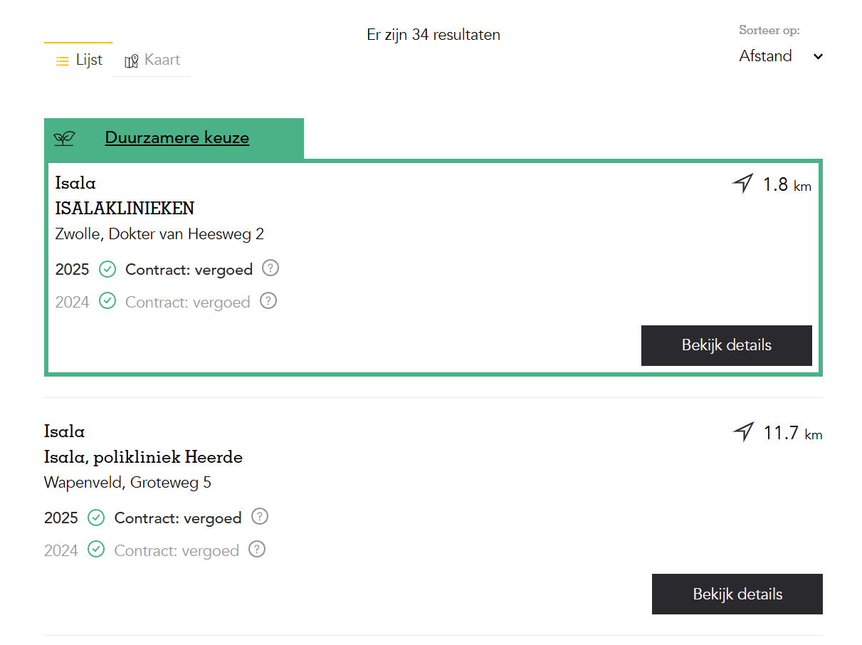 Deze afbeelding toont hoe zoekresultaten worden weergeven in de zorgzoeker