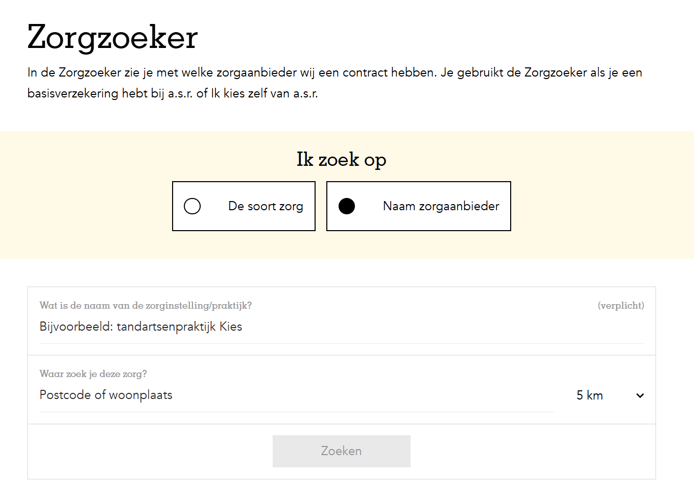 Deze afbeelding toont hoe je zoekt in de zorgzoeker