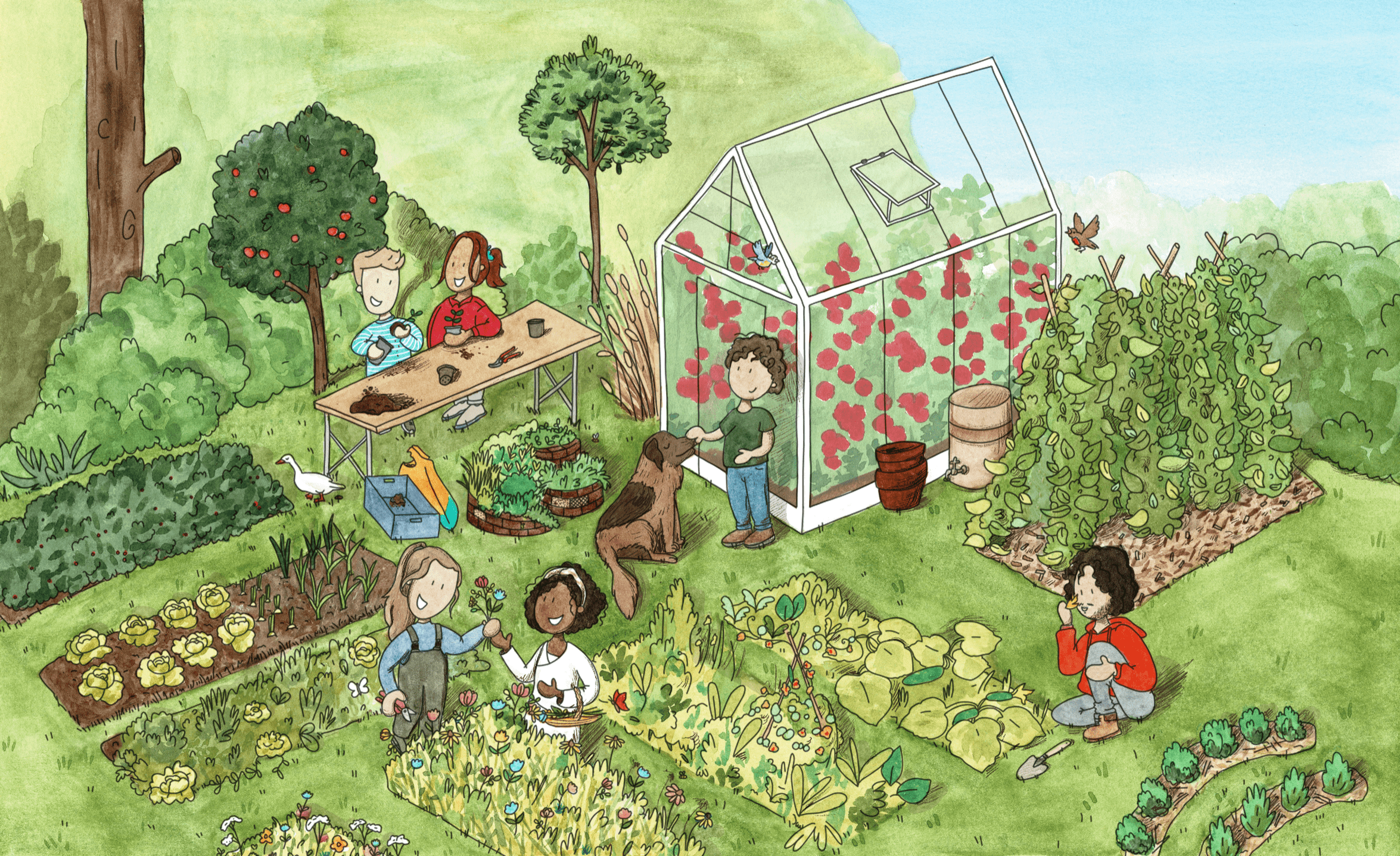 getekende afbeelding van Merel en Ruud in hun moestuin