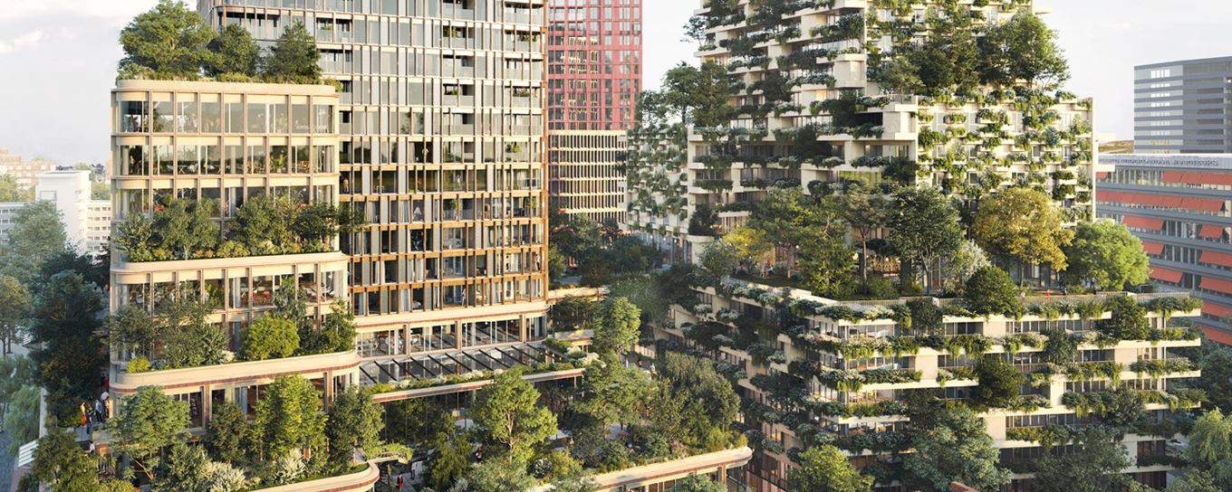 Afbeelding van een gebouw met heel veel groen in een stad