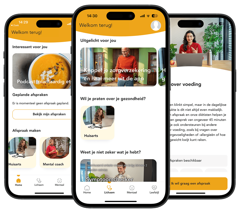 schermafbeeldingen van drie pagina's in de zorg voor jezelf app